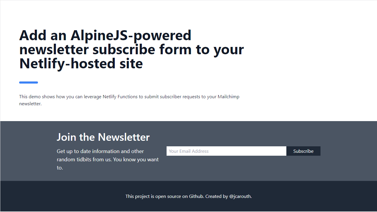 Email subscribe form shown near footer of website